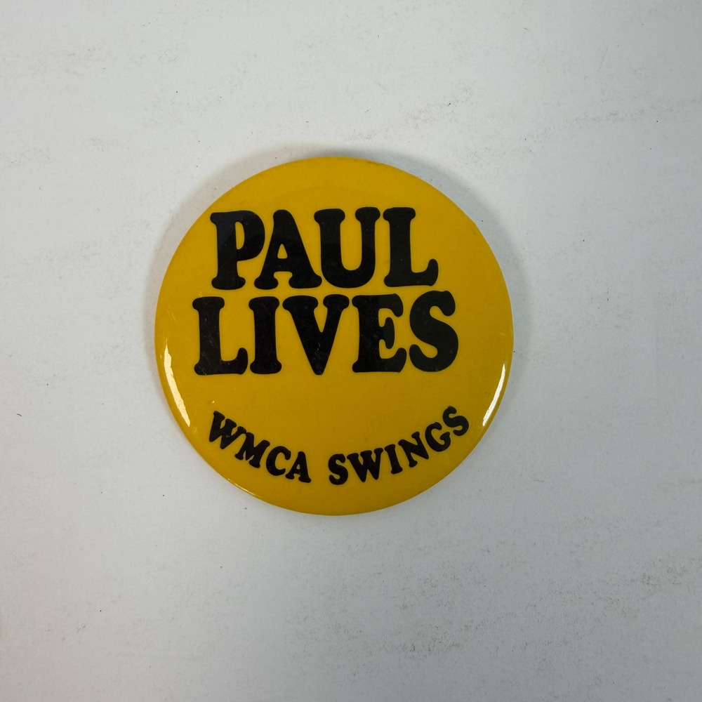 Vintage Paul Lives WMCA Swings Pinback Button Beatles Memorabilia 3 Inch Yellow